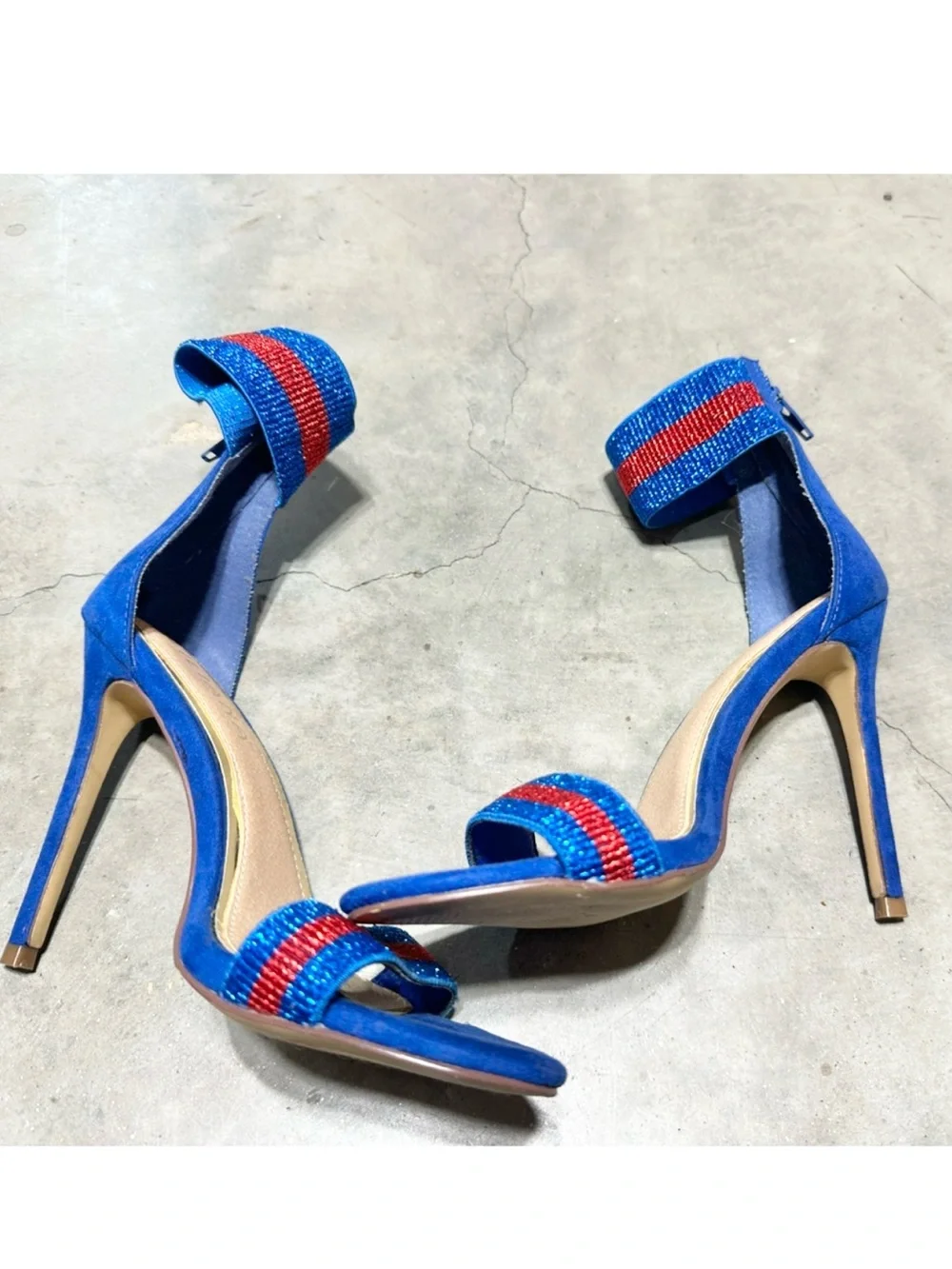 Liliana Blue Suede Stiletto Sandals with Red Striped Accents-7